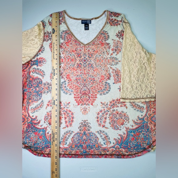 Vintage Y2K Venezia Jeans 26/28 Lace Sleeve Mesh Burnout Abstract Floral Top GUC - Picture 4 of 6